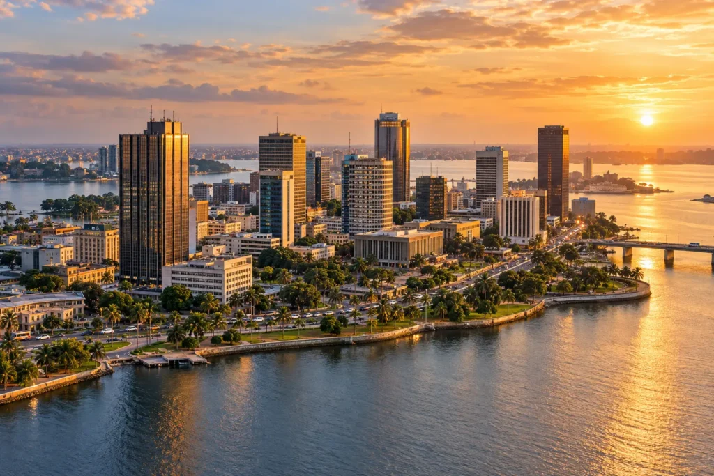 Vue du quartier du Plateau à Abidjan, où AbiTrad reçoit les demandes de traduction