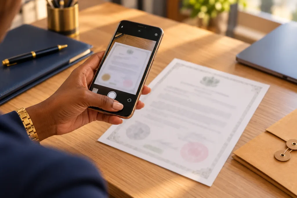 Main photographiant un document officiel avec un smartphone pour obtenir un devis de traduction