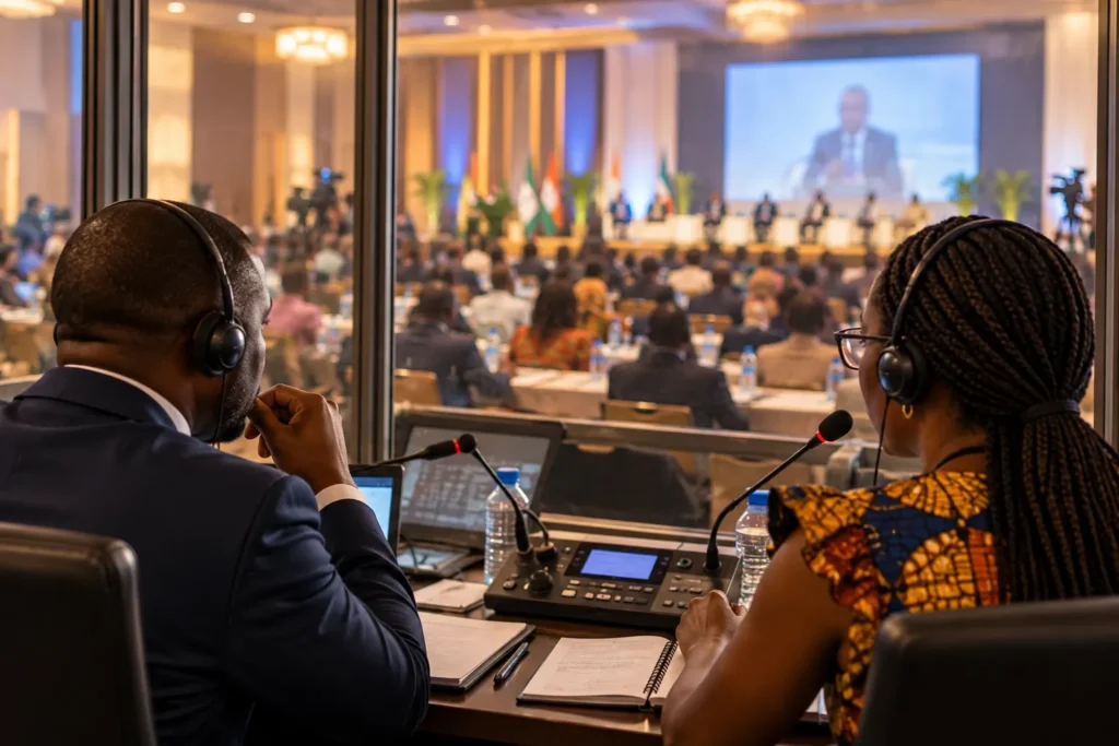 Deux interprètes en cabine d'interprétation simultanée devant une salle de conférence à Abidjan