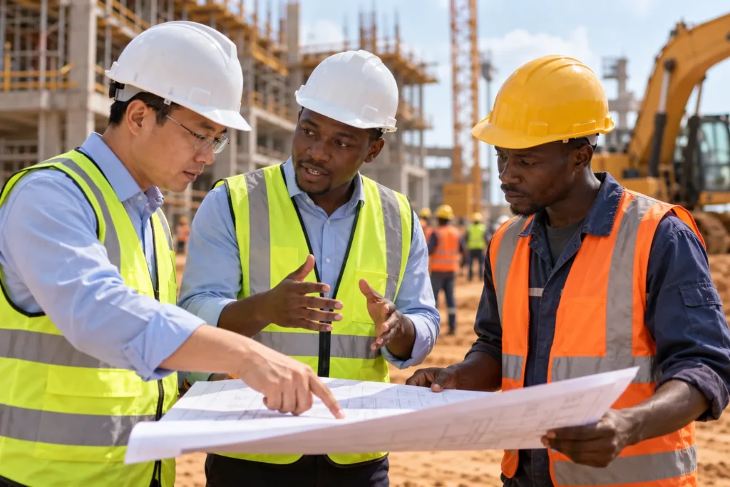 Interprète chinois traduisant entre un ingénieur chinois et un chef d'équipe ivoirien sur un chantier