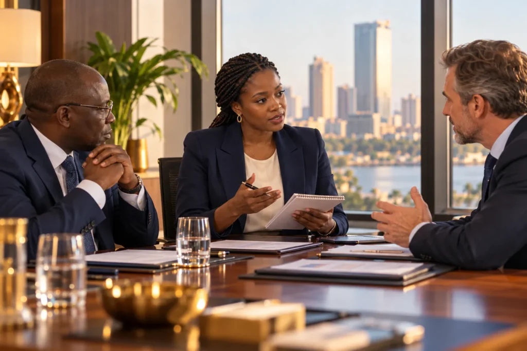 Interprète à Abidjan en consécutive pendant une réunion d'affaires autour d'une table