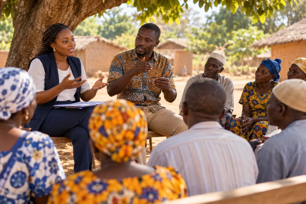 Agente d'ONG et interprète en langue locale lors d'une sensibilisation au village, traduction dioula
