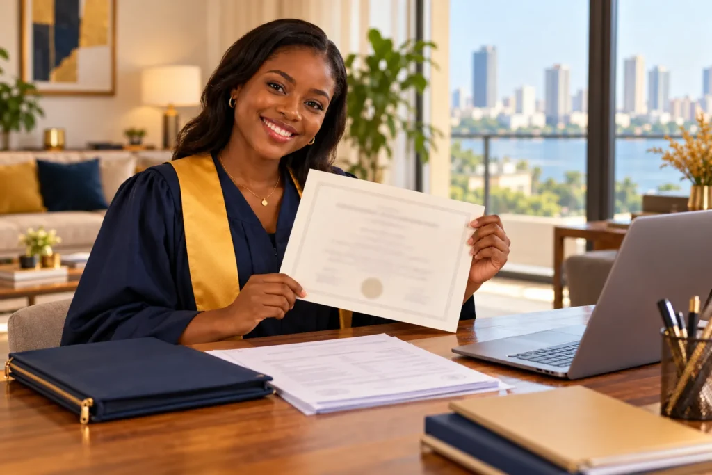 Jeune diplômée ivoirienne avec son diplôme et ses relevés de notes avant leur traduction de diplôme