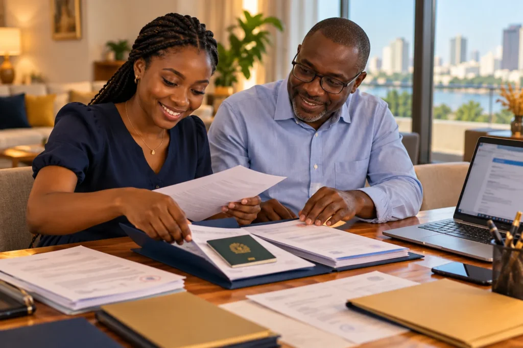 Jeune femme et son père préparant la traduction de documents pour visa d'études