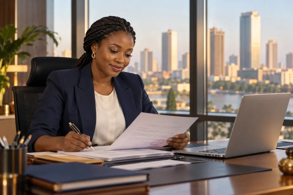 Traductrice ivoirienne au bureau d'un cabinet de traduction à Abidjan Plateau, avec document tamponné